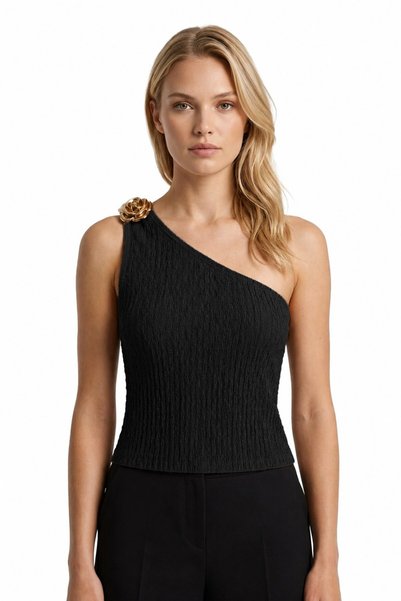 Premium - Tide Collection |   Black One-Shoulder Women's Crop Blouse with Floral Accessories and Wrinkled Texture