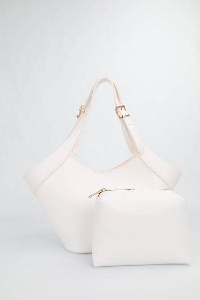 Women's White Medium Size Makeup Bag with Belt Strap Detail, Hand and Shoulder Bag Lara