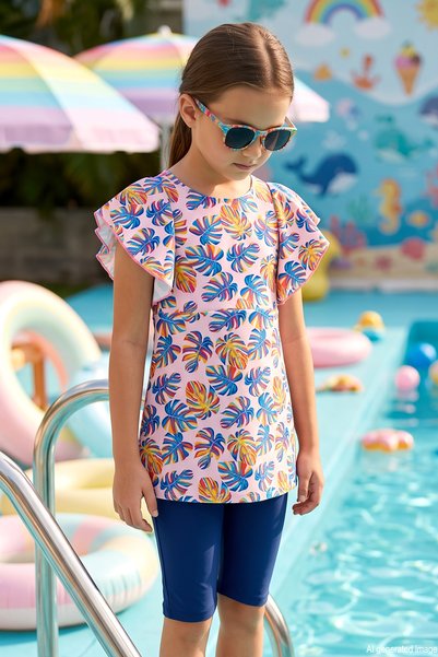 Flounce Detail on the Sleeves, Two-Piece Girls' Swimsuit 1171-149 Pudra02