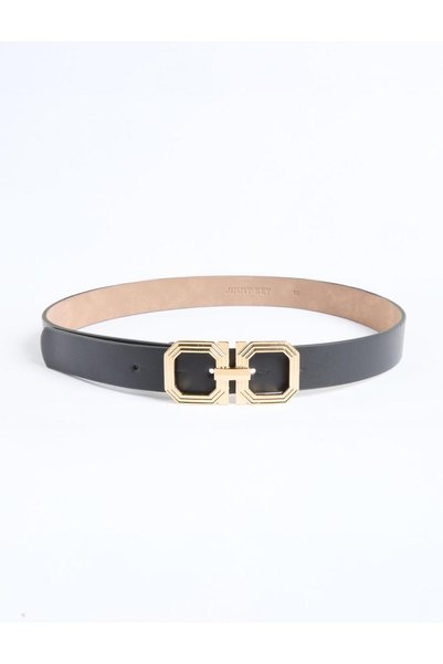 Black Leather Look Double Oval Buckle Belt