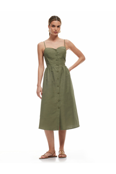 Buttoned Thin Strap Midi Dress with Gipe Detail on the Back