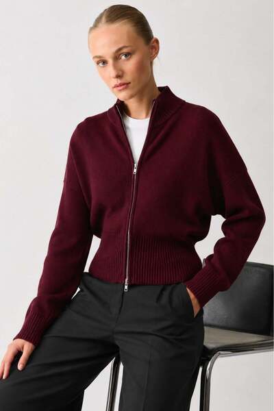 Claret Red Double Zipper Mock Neck Women's Knitwear Cardigan Mg2505