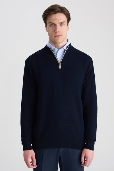 Ds Damat Regular Fit Navy Blue Honeycomb Knit Sweater