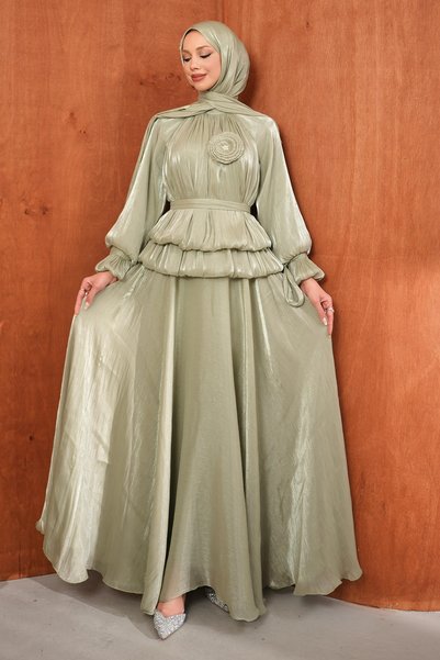 Mint Green Balloon Sleeve Waist Detailed Evening Dress