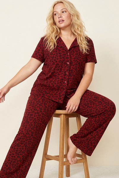 Burgundy Leopard Printed Large Size Oversized Buttoned Knitted Pajama Set 8016