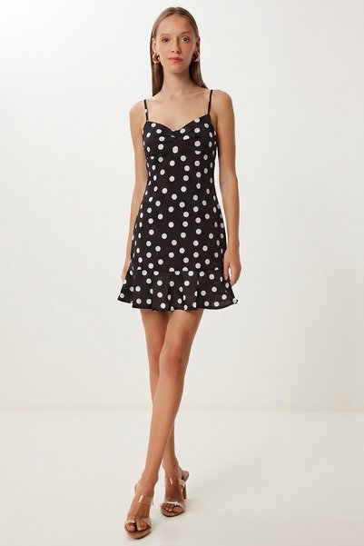 Polka Dot Strappy Mini Woven Dress Lzv0079 Black