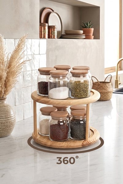 11 Piece Bamboo Lid Vacuum Sealed Glass Spice Jar Set with Rotating Bamboo Stand and Labels