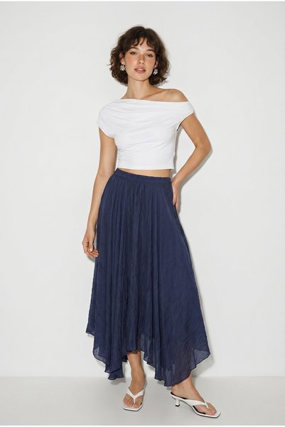 Women's Navy Blue Elastic Waist Crush Effect Lined Flounce Long Skirt De261022 60286318