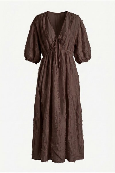 Women's V-Neck Elastic Waist Balloon Sleeve Lined Long Dress Ru-3075