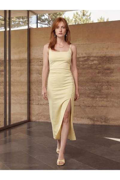 91712 Square Neck Gathered Midi Dress-Light Yellow