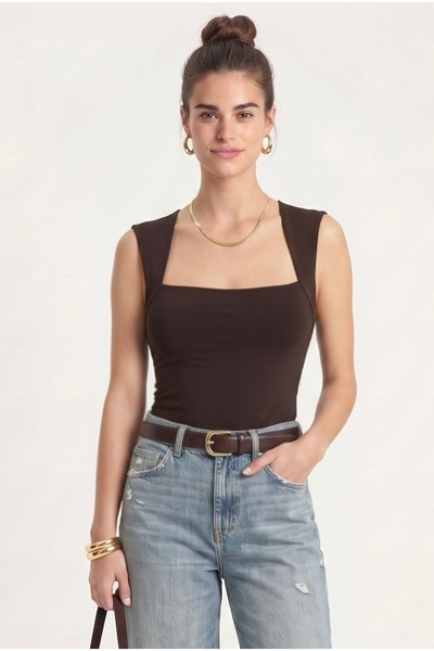 Women's Palma Square Neck Side Gathered Sleeveless Knitted Brown Blouse