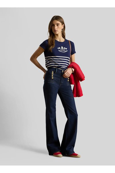 Blue Crew Neck Women's Printed T-Shirt 200B21056