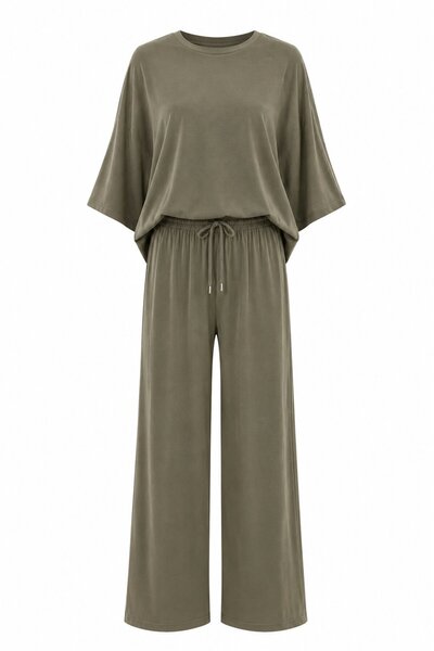 Khaki Bat Sleeve Blouse Pants Set - 30432