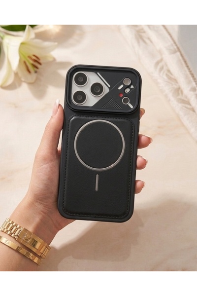 Cyber Geometric Camera-Protected Leather Case with Magsafe Compatibility, Designed for iPhone 18 Pro.