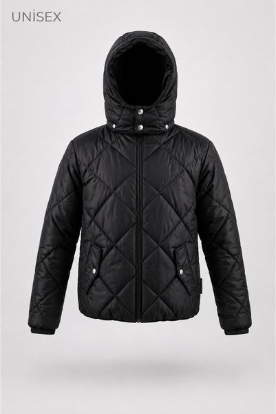 Children's Unisex Black Regular Fit Hooded Coat with Diamond Detail