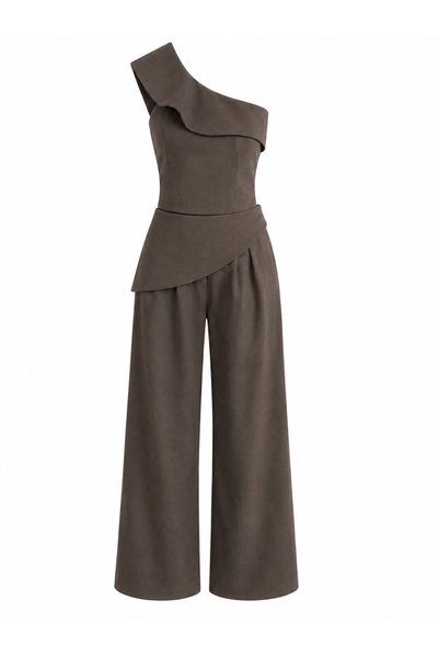 Milk Coffee Design Collar Blouse Pants Set - TK8003