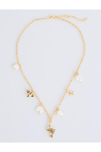Gold Color Fish Figured Adjustable Necklace with Pearls