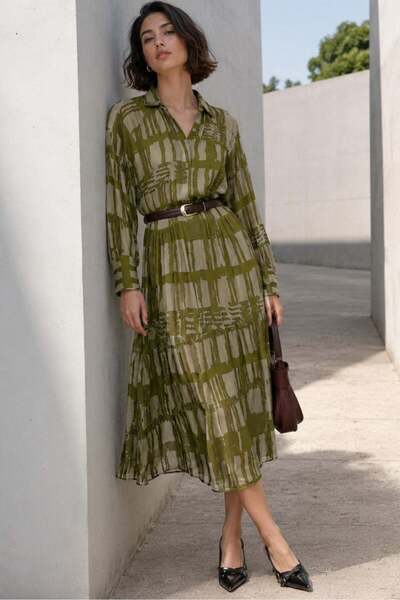 Khaki Long Sleeve Buttoned Patterned Dress Mg2431