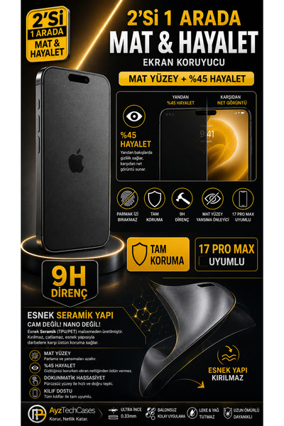 Компатибилен со 17 Pro Max МАТ+(ДУХ) 2-во-1 целосно покривен ФЛЕКСИБИЛЕН заштитник на екран од калено стакло 9H