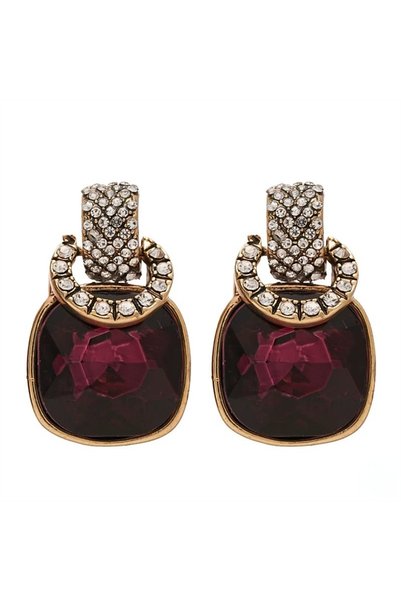 Burgundy Large Square Crystal and Zircon Stone Earrings