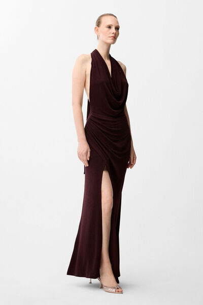 Coffee-Colored Back Detailed Degaje Collar Knitted Dress