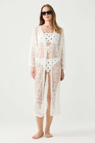 Lace Detail Front Tie Long Beach Dress White