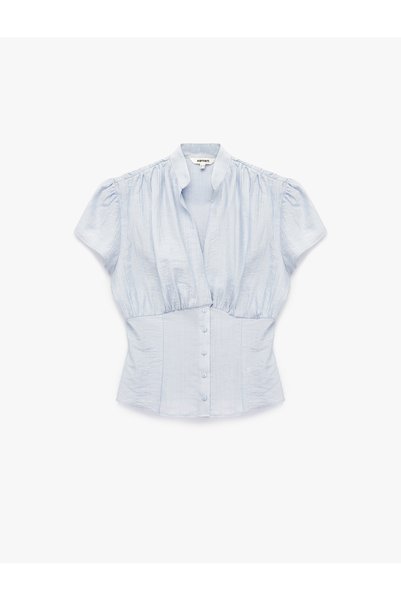 Slim Fit Buttoned Draped Notched Collar Short Sleeve Blouse