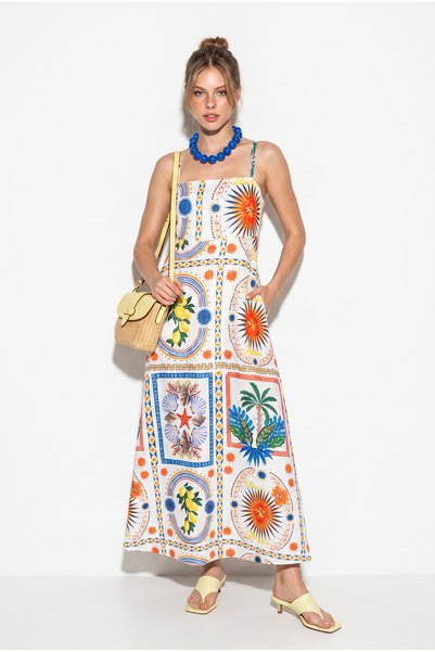 Women's Multi-Colored Square Neck Thin Strap Pocket Patterned Linen Maxi Dress 5218 60286430