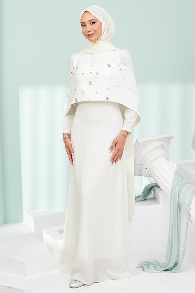 Ecru Front Cape Detailed Stoned Evening Dress