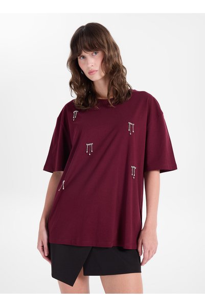 Burgundy Women's Crew Neck Relaxed Stone T-Shirt F5Wl-Tst0246