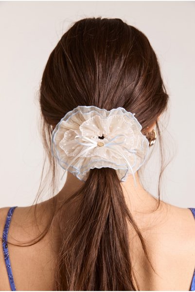 Lace Embroidered Tulle Ruffle Elastic Buckle Blue