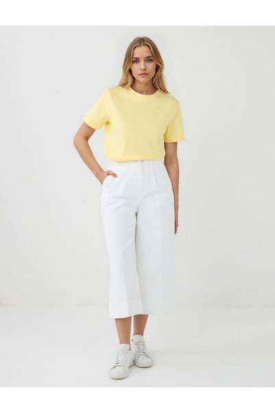 Ecru 100% Cotton Wide Leg Regular Waist Short Denim Trousers