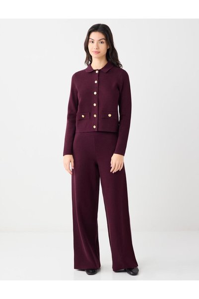 Burgundy Relaxed Fit Wide Leg Normal Waist Knit Pants