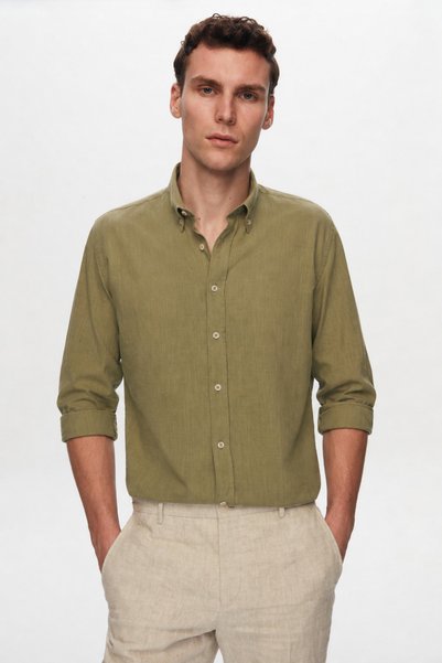 Ds Damat Slim Fit Green Buttoned Collar 100% Cotton Summer Flared Linen Look Shirt