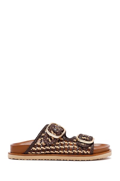 Women's Brown Double Buckle Straw Leather Slippers 25Sfd5506M7
