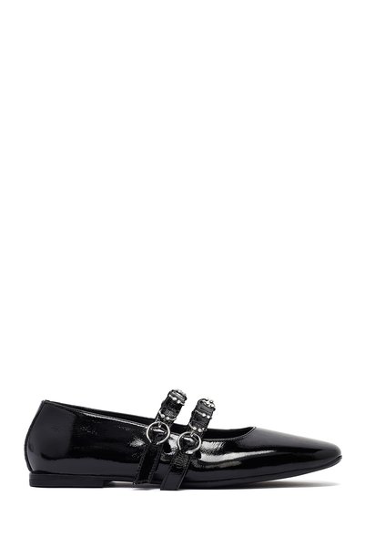 Women's Black Buckle Patent Leather Genuine Leather Ballerina Shoes 25Afd270016