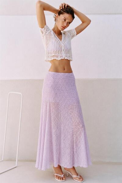 Women's Lilac Mini Leopard A-Line Half Lining Detailed Lace Maxi Skirt