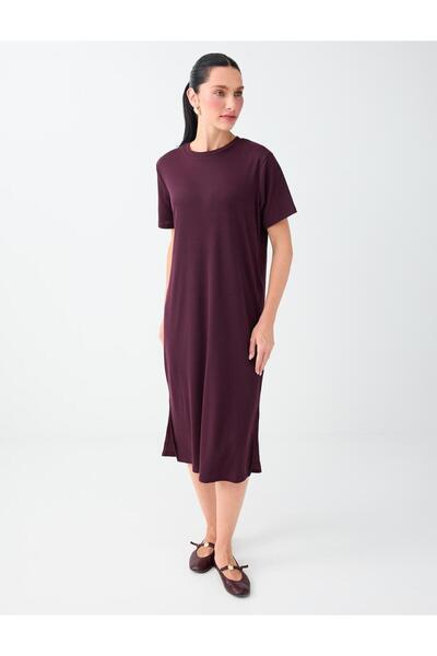Burgundy Straight Cut Crew Neck Short Sleeve Knitted Dress