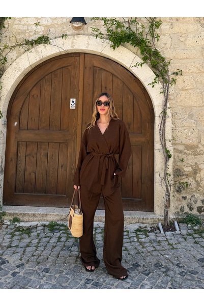 Brown Single Button Belted Kimono Set - 007
