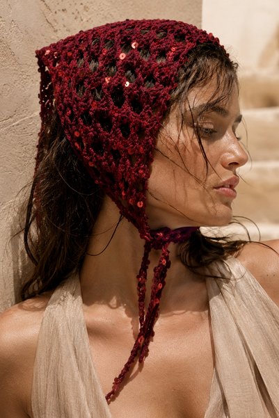 Sequin Detail Tied Mesh Knitted Bandana Sea Beach Hair Accessory 2153 Claret Red