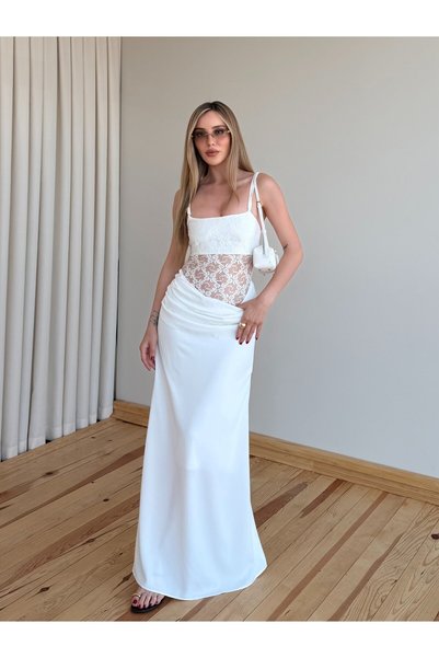White Lace Detail Waist Dress - 2494