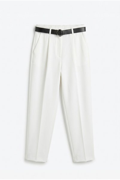 Women's Slim Fit Elastic Waist Pleated Belted Carrot Cut Fabric Trousers El-9041