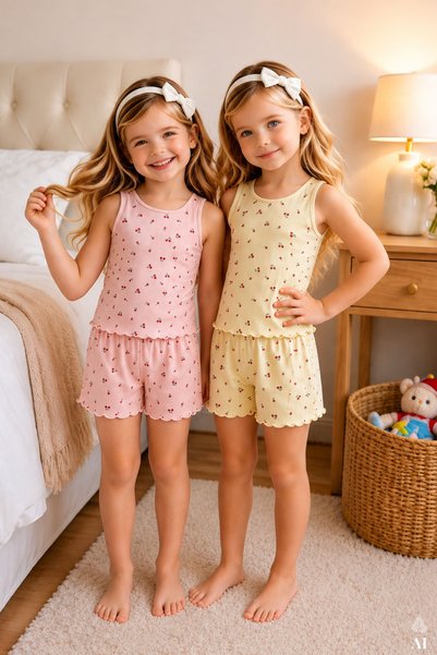 Girl's Cotton Floral Patterned Thick Strap Shorts Set of 2