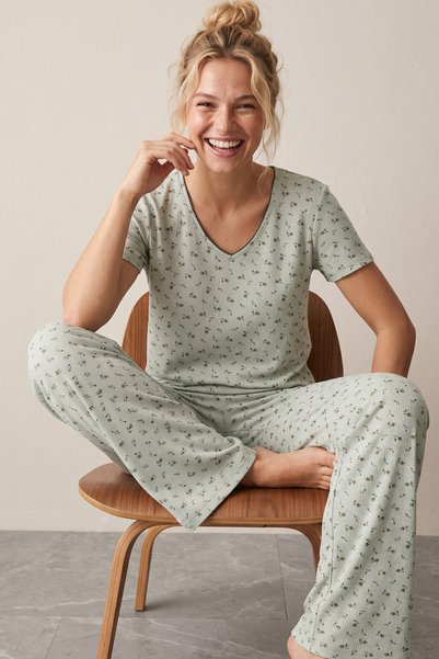 Green Floral Patterned Pointelli Knitted Pajamas Set 26120680