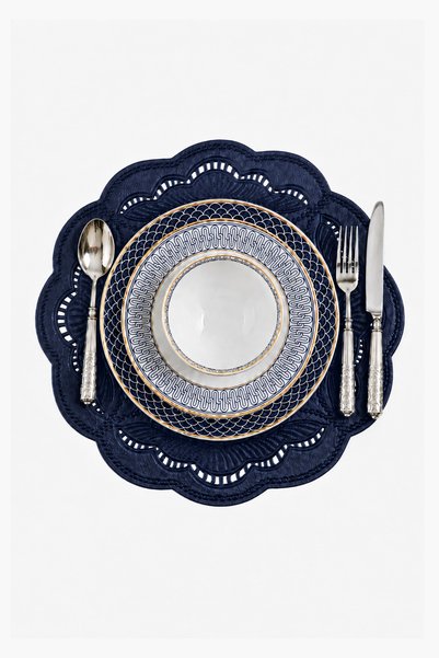 Embroidered Leather American Service Set of 2 Double-Sided Round Supla Enzo 43X43 cm Navy Blue