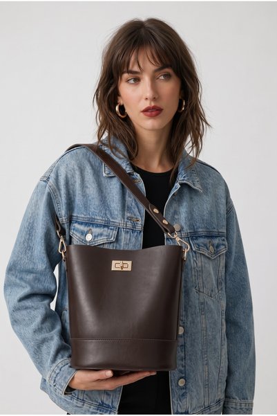 Women's Coffee Wallet Detailed Bucket Model Hand and Shoulder Bag Molina