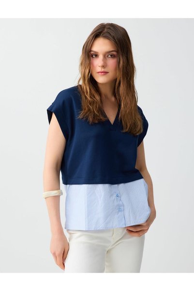 Navy Blue V-Neck Off-Shoulder Knitted Blouse with Hemline Shirt Detail