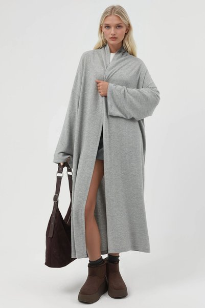 BUSEM Relaxed Fit Long, Open Front Shawl Collar Knit Cardigan