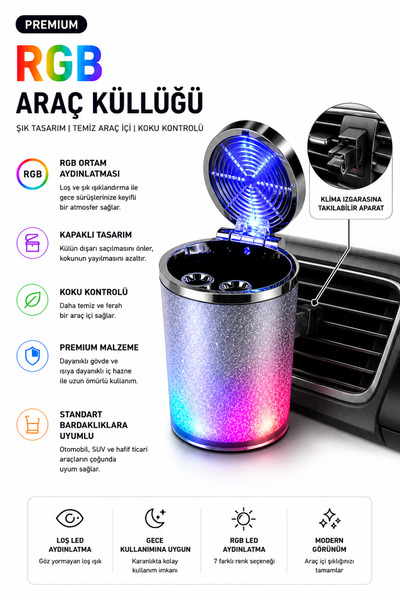 Премиум пепелник за автомобил со RGB осветлување, без мирис, со капак, компатибилен со решетка
