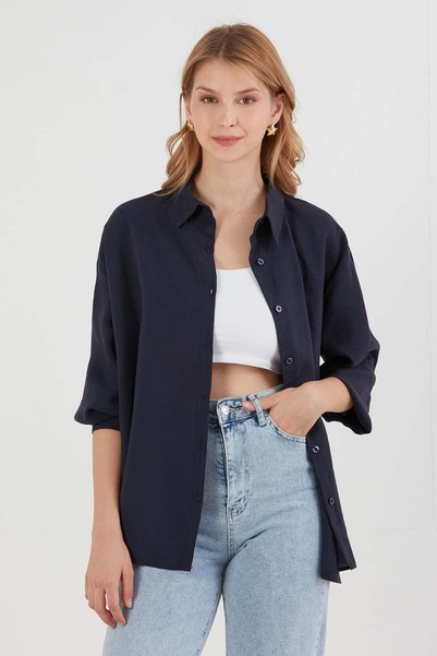 Teddy Bear Embroidered Long Sleeve Oversize Modal Shirt